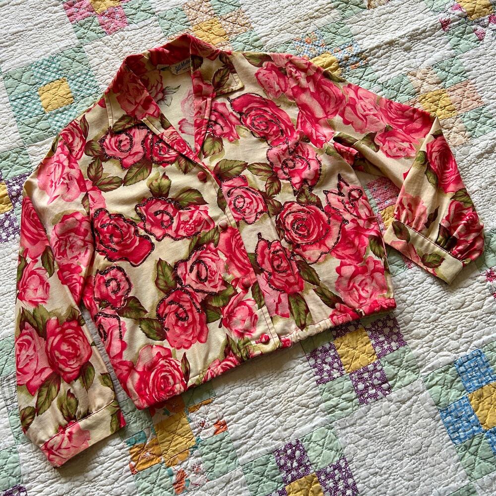 Vintage 50s Polished Cotton Glittery Cabbage Rose Cropped Jacket Blouse S